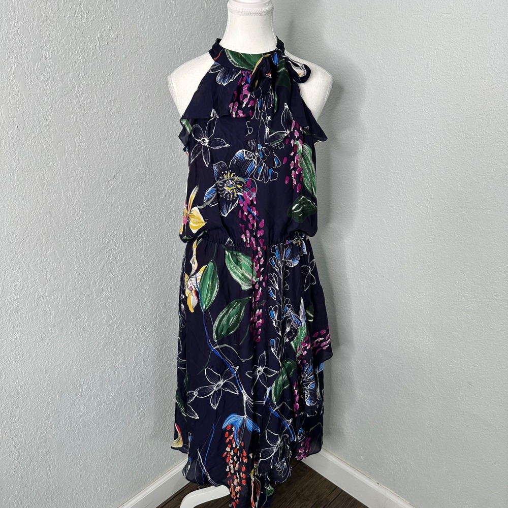 Parker Julieta Blue Floral High Neck Asymmetrical Dress